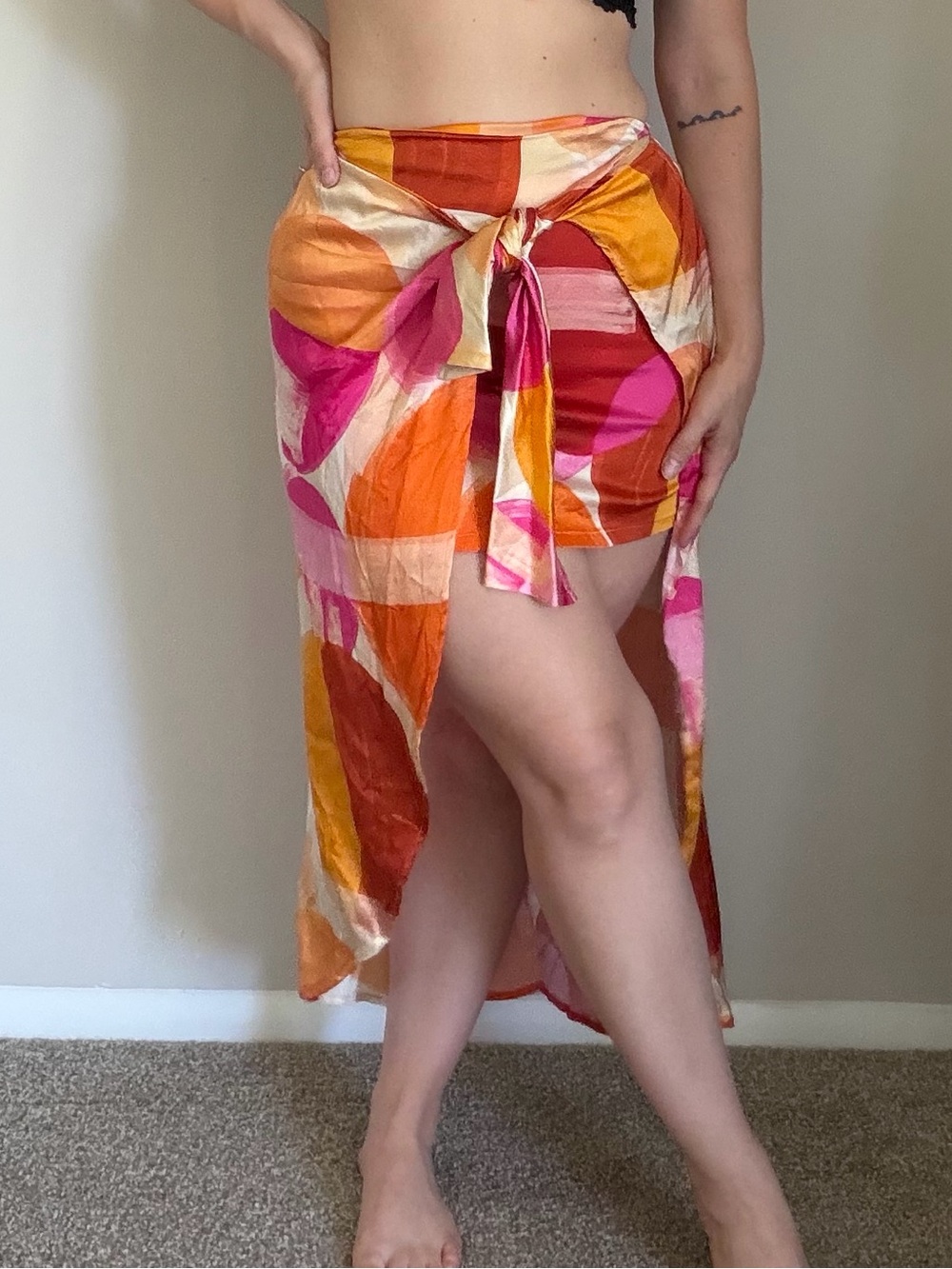 Shore Marrakesh High-Low Tie Front Skirt in Pink, Orange & Cream